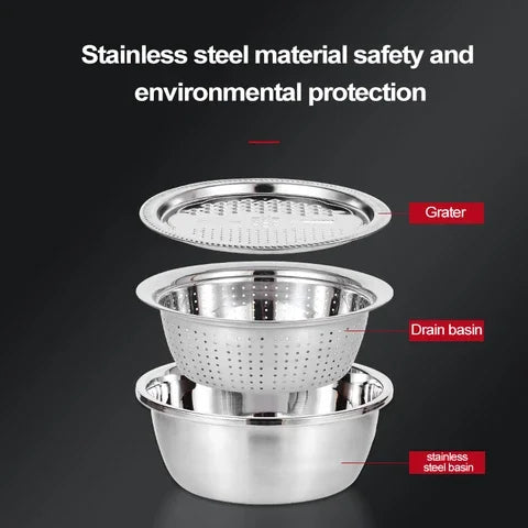 3 In 1 Multifunctional Kitchen Graters with Stainless Steel Drain Basin Vegetable Cutter Colander Vegetable Slicer Set