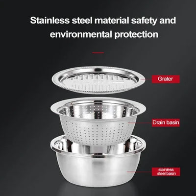 3 In 1 Multifunctional Kitchen Graters with Stainless Steel Drain Basin Vegetable Cutter Colander Vegetable Slicer Set