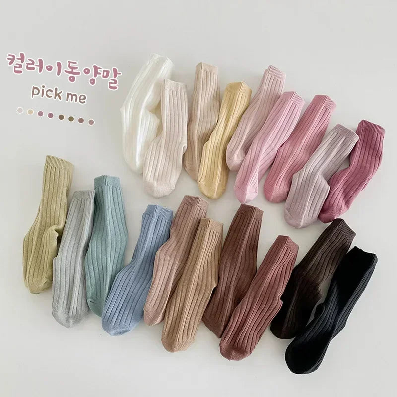 5 PAIRS/LOT SOLID COLOR STRIPED COTTON KIDS SOCKS – BREATHABLE KNITTED TODDLER CREW SOCKS FOR BOYS & GIRLS (1–8 YEARS)