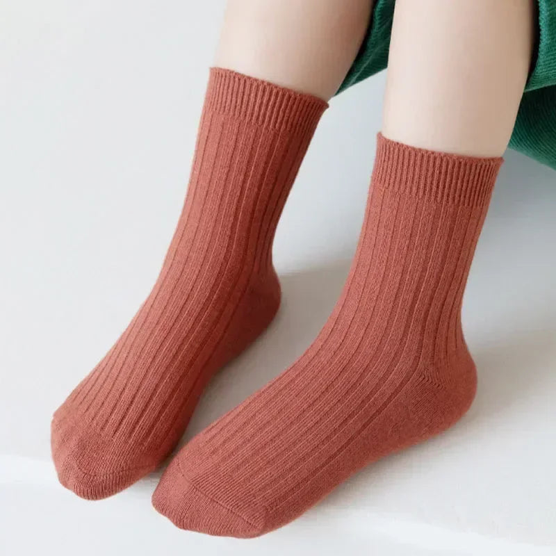 5 PAIRS/LOT SOLID COLOR STRIPED COTTON KIDS SOCKS – BREATHABLE KNITTED TODDLER CREW SOCKS FOR BOYS & GIRLS (1–8 YEARS)