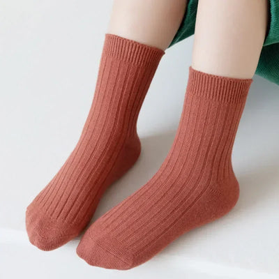 5 PAIRS/LOT SOLID COLOR STRIPED COTTON KIDS SOCKS – BREATHABLE KNITTED TODDLER CREW SOCKS FOR BOYS & GIRLS (1–8 YEARS)