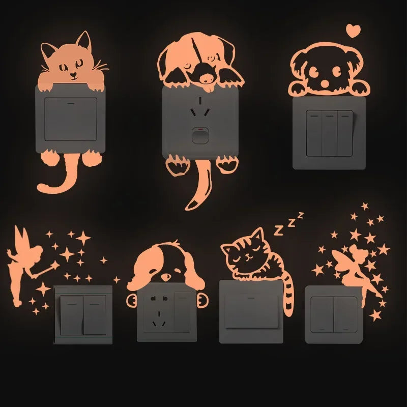 Cartoon Glow in the Dark Sticker Light Switch Sticker Luminous Wall Stickers Decal for Kids Room Decoration Home Decor Cat Fairy