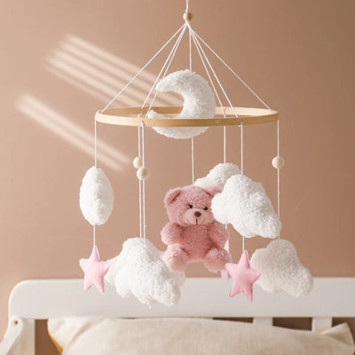 BABY CRIB MOBILE RATTLE TOY – SOFT FELT TEDDY VELVET PINK BEAR HANGING TOY WITH HOLDER FOR INFANTS (0-12 MONTHS)y Holder Bracket Crib Girl Toy