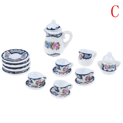 9type 1Set 1/12 Dollhouse Miniature Accessories Mini Ceramic Tea Set Simulation Kettle Plate Cup Model Toy Doll House Decoration