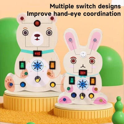 Montessori Busy Board Wooden Sensory Toys LED Light Switch Control Board Animal Educational Children Travel Toys 2-4 Years Old