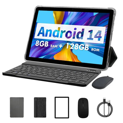 New! PRITOM TAB11 Android 14 Tablet 10 Inch, 8GB(4+4 Expand) RAM + 128GB ROM, Octa Core, 5G WiFi, with Keyboard, Mouse, Case