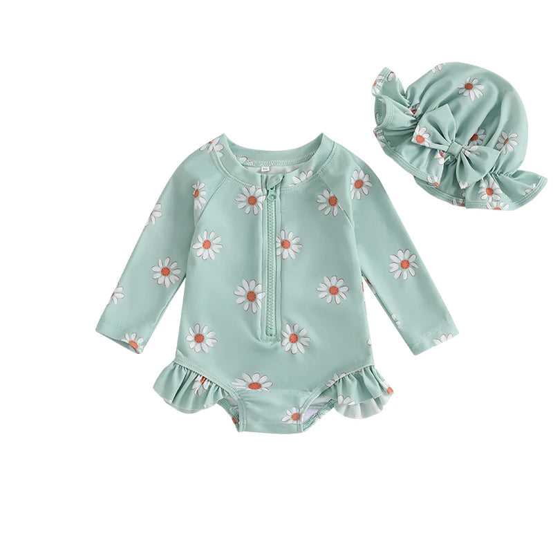 Toddler Baby Girl Swimsuit Floral Rash Guard with Hat Set Long Sleeve Zipper Bathing Suit Swimwear