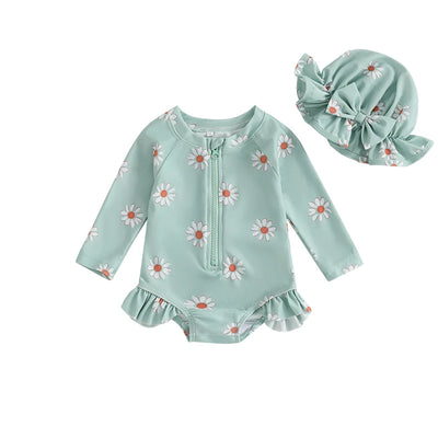 Toddler Baby Girl Swimsuit Floral Rash Guard with Hat Set Long Sleeve Zipper Bathing Suit Swimwear
