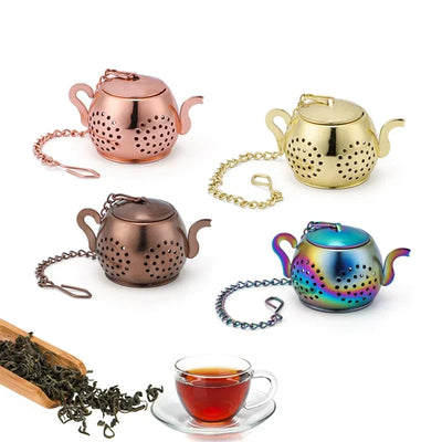 Metal Tea Strainer Teapot Shape Loose Tea Stainless Steel Infuser Leaf Tea Maker Strainer Chain Drip Tray Herbal Spice Filter