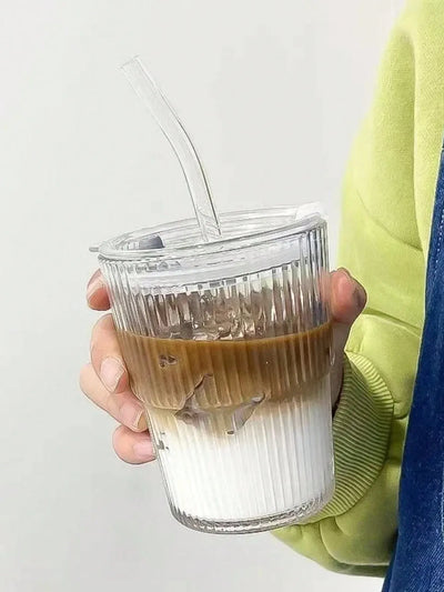 1pc, Vertical Striped Glass Cup, Iced Coffee Cup, Vintage Transparent Water Tea Milk Juice Mugs Cup, Wine Glasses For Cocktail,