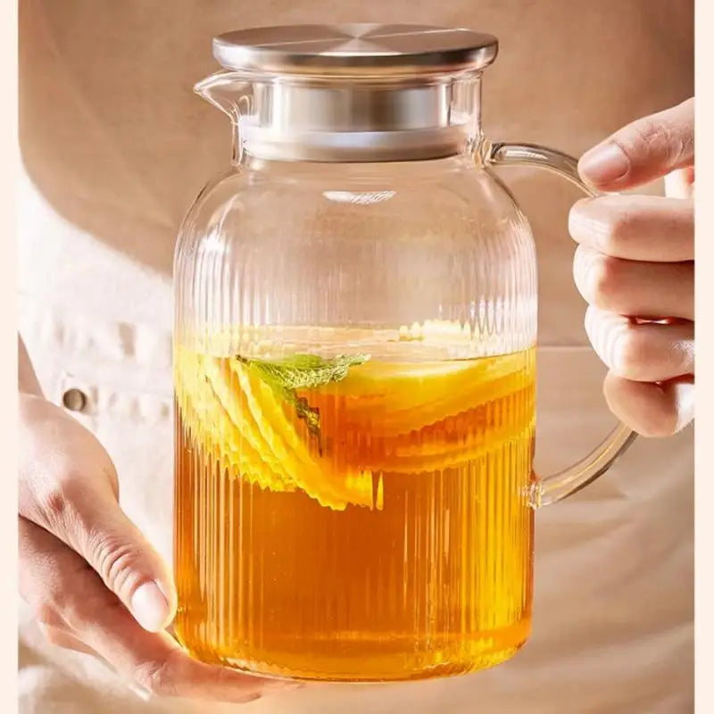 1.6L Heat Resistant Glass Cold Water Kettle And Cups Transparent Stripe Coffee Teaware Stainless Steel Lid Jug Kitchen Accessory