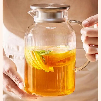 1.6L Heat Resistant Glass Cold Water Kettle And Cups Transparent Stripe Coffee Teaware Stainless Steel Lid Jug Kitchen Accessory