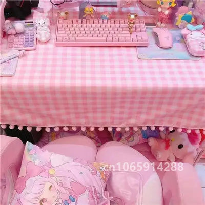 2023 Girls Hot Pink Tablecloth Ins Cute Plaid Desk Cloth Dormitory Computer Wallpaper Mat New Kawaii Room Decoration Table Cover