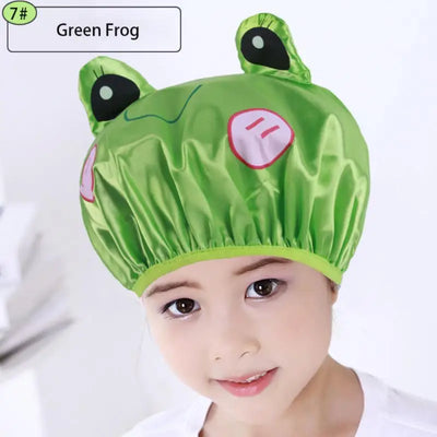 Children's Cartoon Shower Cap Double-layer Waterproof Material Cute Frog Print Satin Washing Cap Bath Cap Head Cover Shower Cap