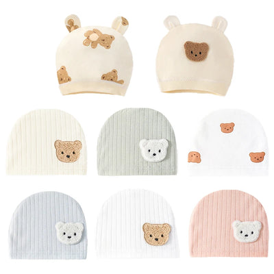 Soft Infant Beanies Caps Baby Hat Cartoon Bear Boneless Muslin Hat Newborn Headwear Windproof Spring Hat 0-3M Baby Hats