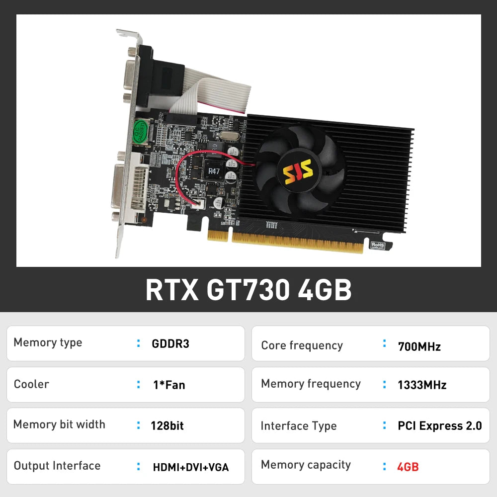 SJS Video Card GeForce GT730 Display Vga Cards 4GB DDR3 128Bit Computer Graphics Card for NVIDIA Game PC GT 730 4GD3 HDMI DVI