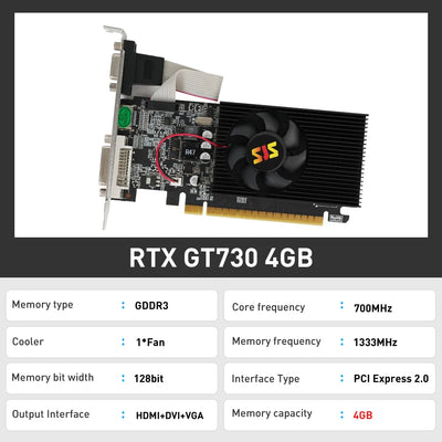 SJS Video Card GeForce GT730 Display Vga Cards 4GB DDR3 128Bit Computer Graphics Card for NVIDIA Game PC GT 730 4GD3 HDMI DVI