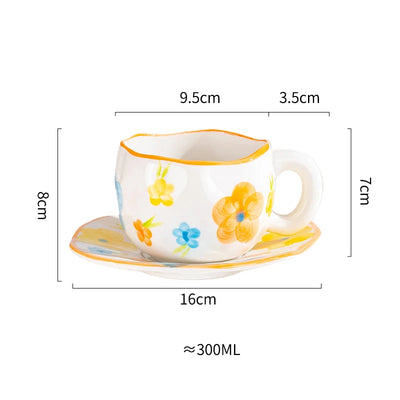 Creative Ceramic mug Hand-painted Flower Clouds Coffee Cup with Saucer Irregular Handmade Cup Breakfast Milk Tea Cups Gift Set