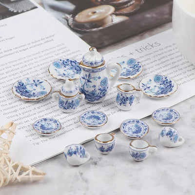 9type 1Set 1/12 Dollhouse Miniature Accessories Mini Ceramic Tea Set Simulation Kettle Plate Cup Model Toy Doll House Decoration