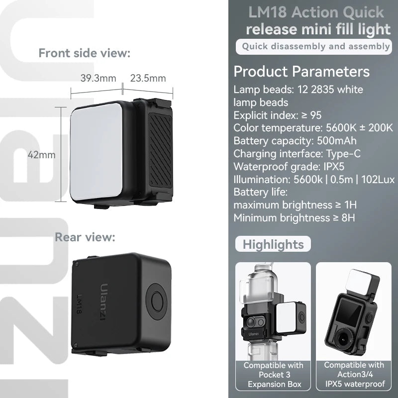 Ulanzi LM18 IPX5 Waterproof Underwater Led Video Fill Light 5600K for DJI Osmo Action 5/4/3 & Pocket 3 Action Camera Accessories