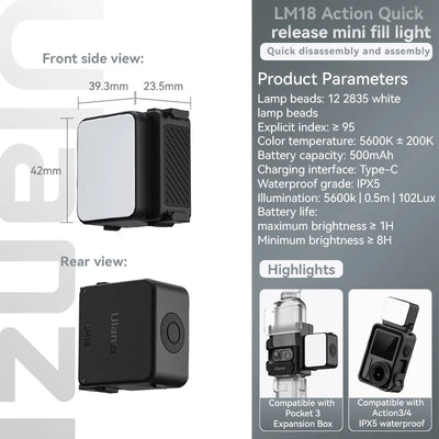 Ulanzi LM18 IPX5 Waterproof Underwater Led Video Fill Light 5600K for DJI Osmo Action 5/4/3 & Pocket 3 Action Camera Accessories