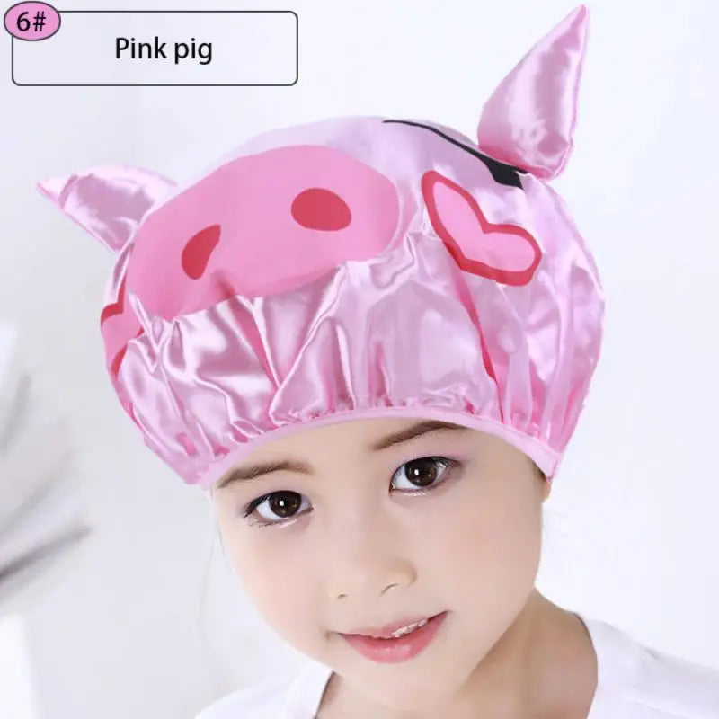 Children's Cartoon Shower Cap Double-layer Waterproof Material Cute Frog Print Satin Washing Cap Bath Cap Head Cover Shower Cap