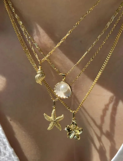 Vintage Shiny Shell Starfish Pendant Necklace for Women Simple Multilayer Thin Chain Choker Bridal Neck Jewelry