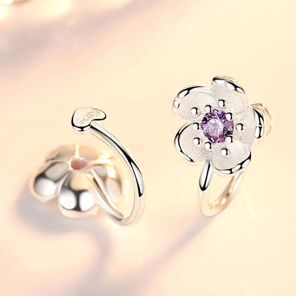 Korea Style Crystal Cherry Blossom Flower Clip on Earrings Without Piercing for Girls Party Sweet 925 Silver No Hole Ear Clip
