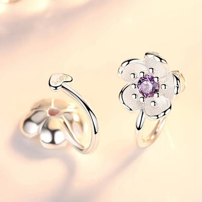 Korea Style Crystal Cherry Blossom Flower Clip on Earrings Without Piercing for Girls Party Sweet 925 Silver No Hole Ear Clip