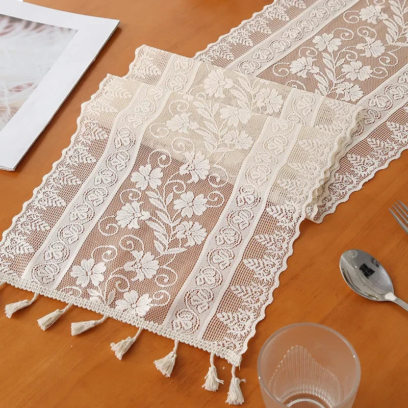 White Lace Table Runner INS Table Flag Dust Cover Wedding Dining Tables Cover Embroidered Floral Table Runner with Tassel
