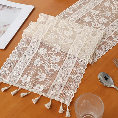 White Lace Table Runner INS Table Flag Dust Cover Wedding Dining Tables Cover Embroidered Floral Table Runner with Tassel