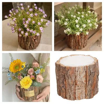 Creative Wooden Succulent Flowerpot DIY Desktop Storage Pen Container Pastoral Style Gardening Bark Flower Pot