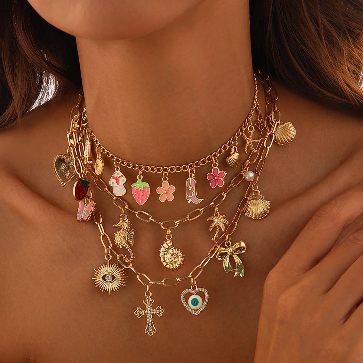 Charm Necklace for Women Shell Cross Necklaces Gold Charms Pendant Boho Summer Seashell Ocean Beach 14K Starfish Surfer
