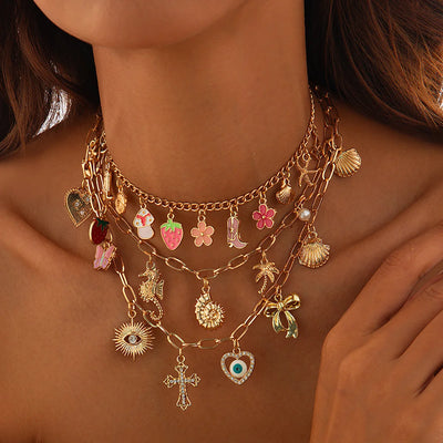 Charm Necklace for Women Shell Cross Necklaces Gold Charms Pendant Boho Summer Seashell Ocean Beach 14K Starfish Surfer