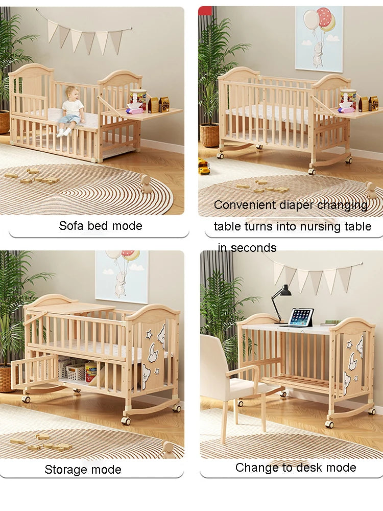Changeable Baby Bed Newborn Solid Wood Unpainted Baby Bed Cradle Bed Convertible Desk Can Be Spliced Into A Large Bed