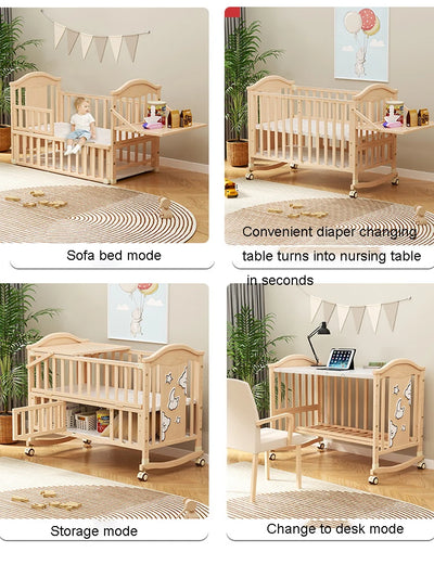 Changeable Baby Bed Newborn Solid Wood Unpainted Baby Bed Cradle Bed Convertible Desk Can Be Spliced Into A Large Bed