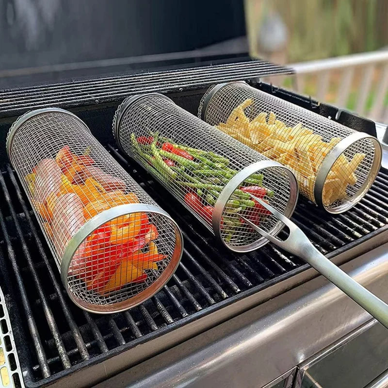 30*9.5*9.5cm Stainless Steel BBQ Basket Outdoor Rotary Wire Mesh Grill Camping Barbecue Cookware For Meat Fish Vegetables