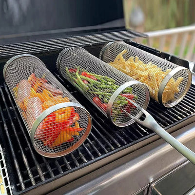 30*9.5*9.5cm Stainless Steel BBQ Basket Outdoor Rotary Wire Mesh Grill Camping Barbecue Cookware For Meat Fish Vegetables
