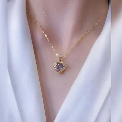 Luxury Colorful Crystal Ocean Heart Pendant Necklace For Women Korean Fashion Stainless Steel Neck Chain Female Wedding Jewelry