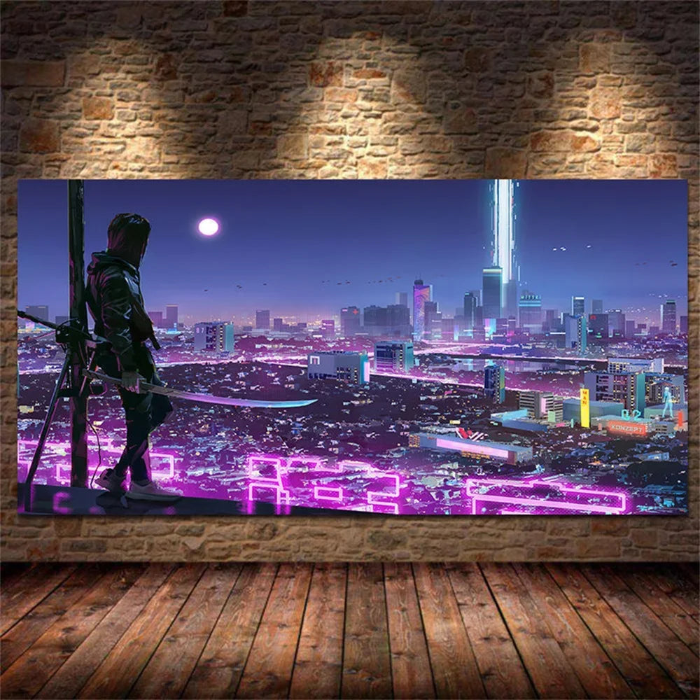 Steam City & Sports Car Canvas Wall Art - Futuristic Game-Inspired Posters for Bedroom and Gamer Room Decor
