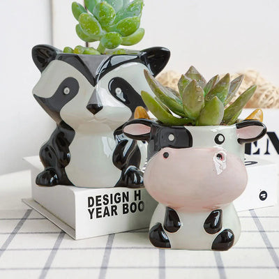 Cute Nordic Style Ceramic Animal Flower Pot Cartoon Zebra Sheep Cow Head Mini Pot Succulents Plants Bonsai Pots Home Decoration