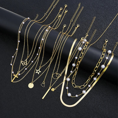 11 Pcs Simple Pearl Choker Necklaces Set for Women Fashion Layered Chain Star Cross Heart Pendant Charms Necklace Jewelry Gifts