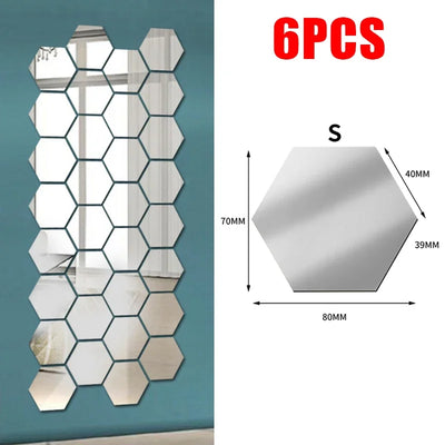 24/6pcs 3D Mirror Wall Sticker Hexagon Acrylic Self Adhesive Mirror Stickers Art Wall Decals Mosaic Tiles DIY Home Bedroom Decor