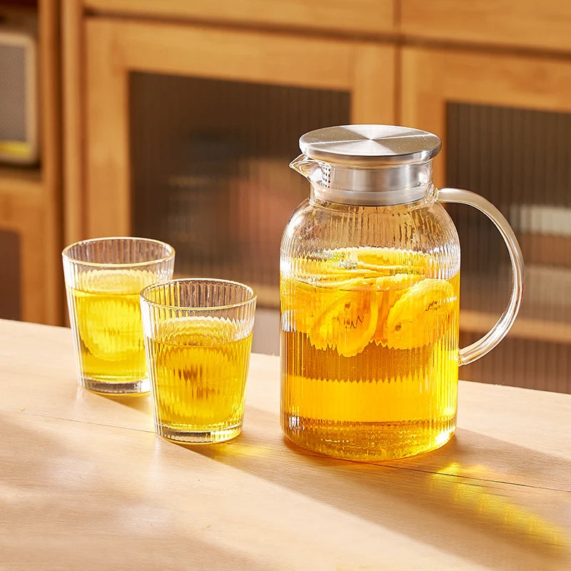 1.6L Heat Resistant Glass Cold Water Kettle And Cups Transparent Stripe Coffee Teaware Stainless Steel Lid Jug Kitchen Accessory