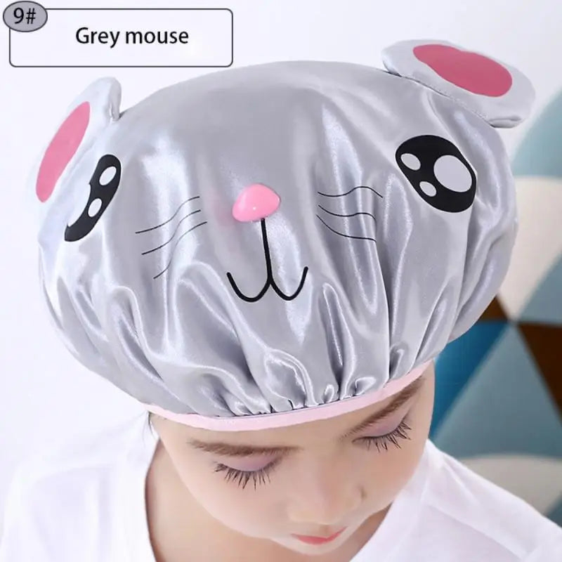 Children's Cartoon Shower Cap Double-layer Waterproof Material Cute Frog Print Satin Washing Cap Bath Cap Head Cover Shower Cap