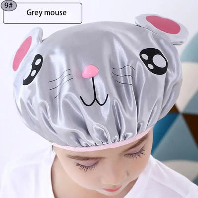 Children's Cartoon Shower Cap Double-layer Waterproof Material Cute Frog Print Satin Washing Cap Bath Cap Head Cover Shower Cap