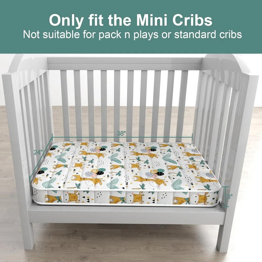 3" Mini Crib Mattress, 38" x 24" High-Density Foam, Odorless & Steady, Giraffe Print, Fits Mini Crib