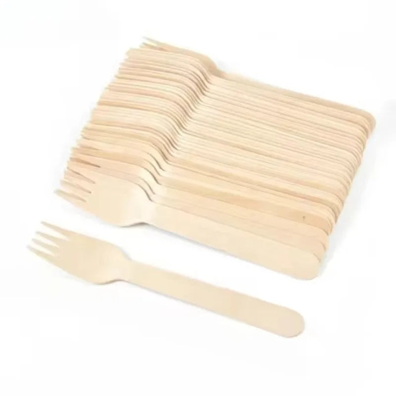 50PCS Disposable Wooden Forks Birthday Party Restaurant Wedding Outdoor Picnic Fast Food Cake Dessert Biodegradable Forks