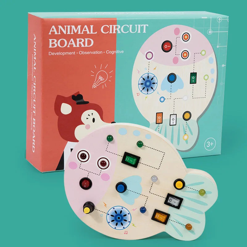 Montessori Busy Board Wooden Sensory Toys LED Light Switch Control Board Animal Educational Children Travel Toys 2-4 Years Old