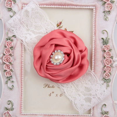 1PCS Baby Girls Rose Flower Headband with Pearl Rhinestone Center Soft Lace Bands Newborn Infant Toddler Kids Hair Accessories